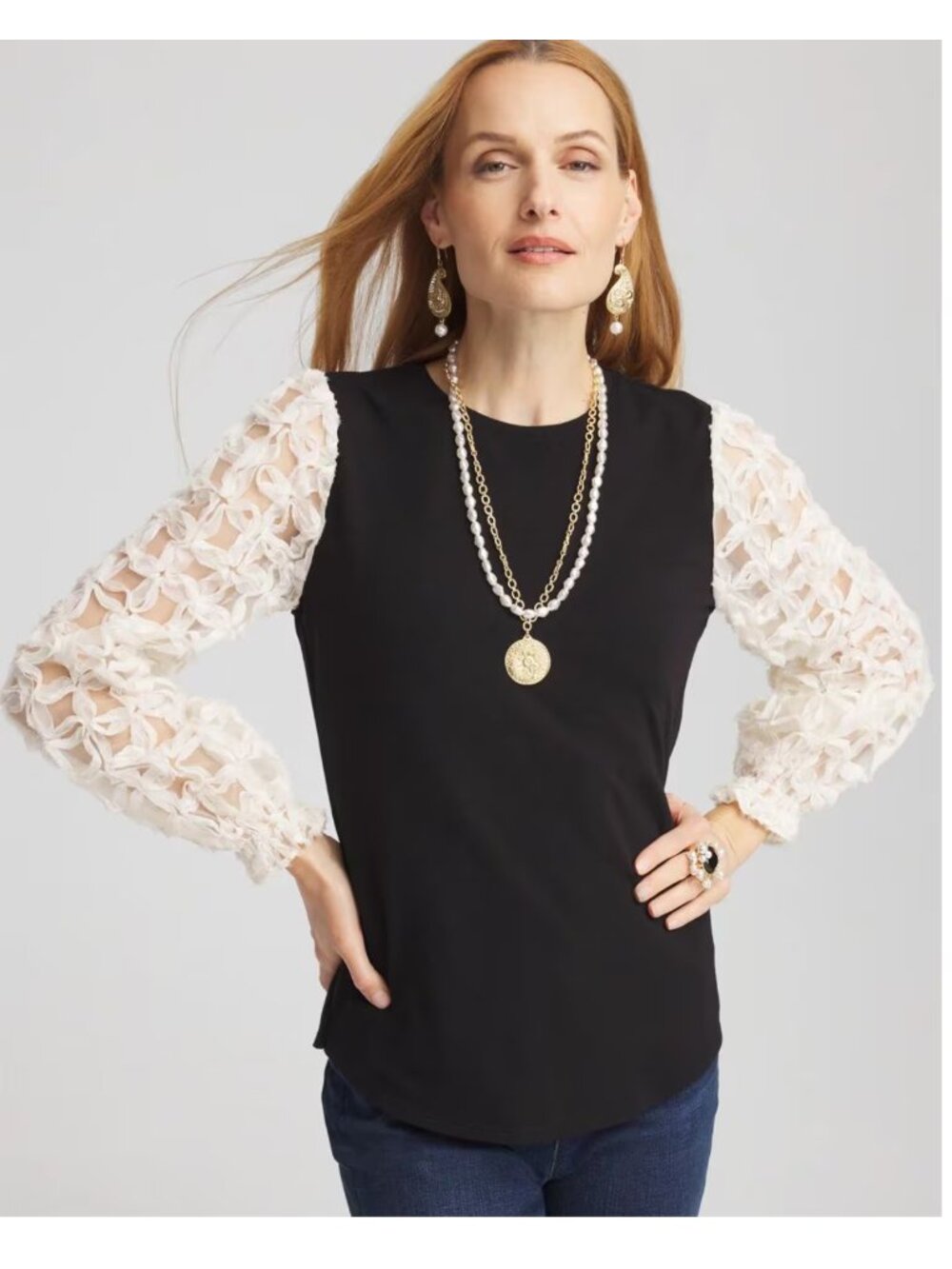 CHICO'S Applique Mesh Sleeve Top in Black Size 3/ XL